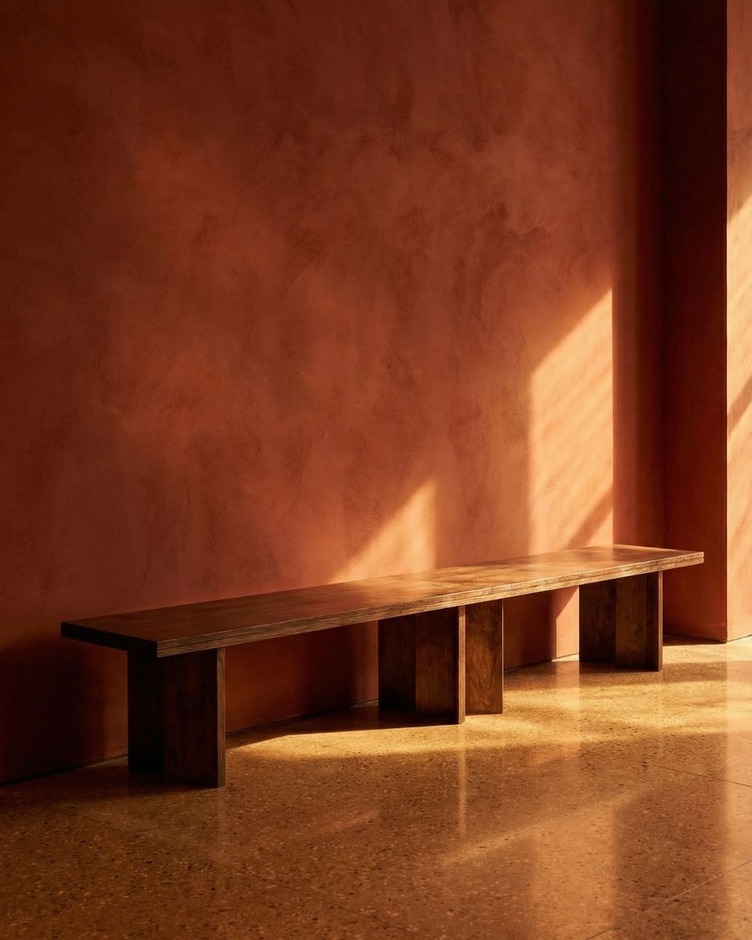 Double Bench by Studio Goons in oak against a terracotta wall in low sunlight