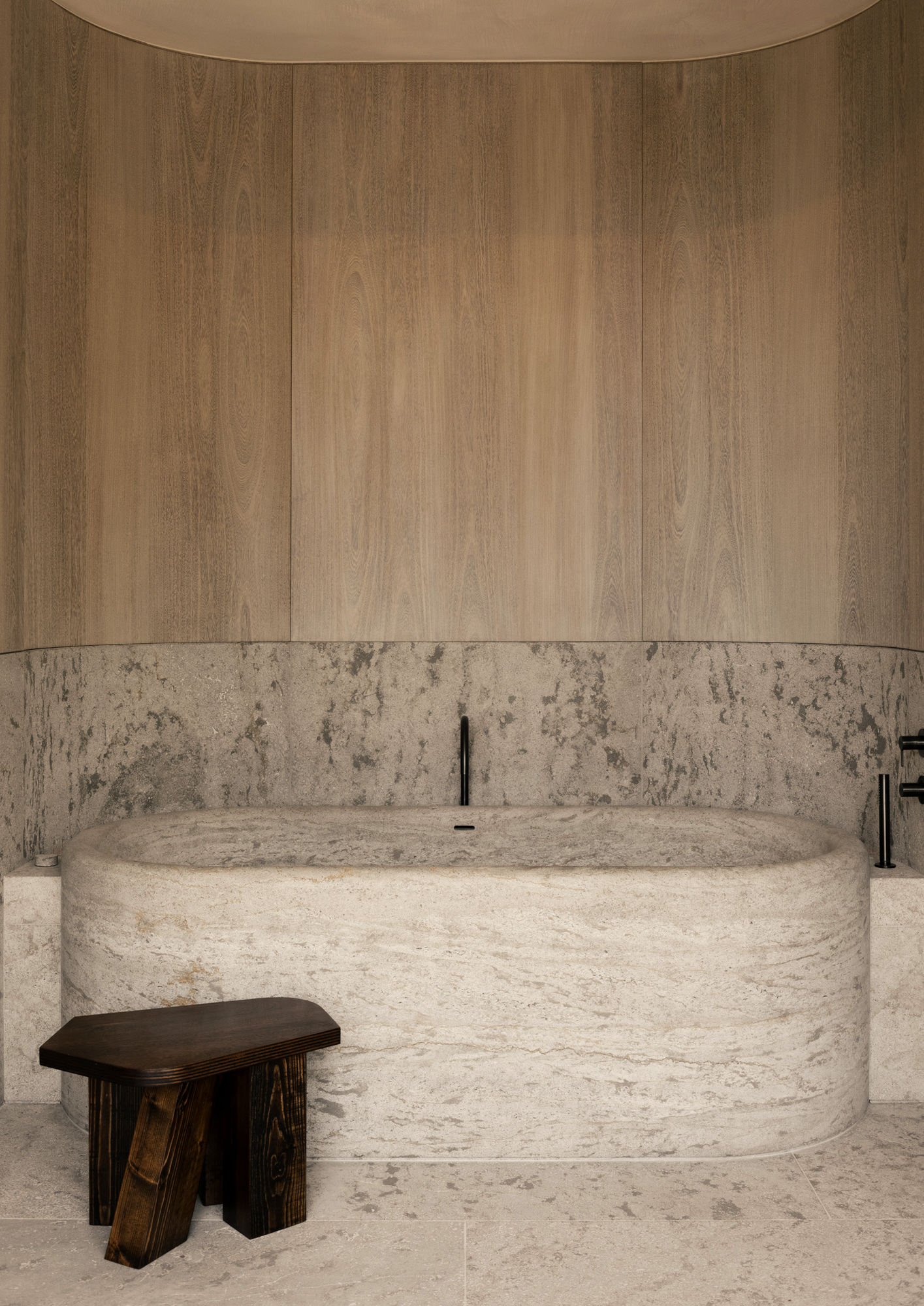 Bathroom with a stone bath and the Original Stool by Studio Goons in reclaimed wood beside it, VC House by Simon de Burbure, Knokke, photograph by Cafeine.