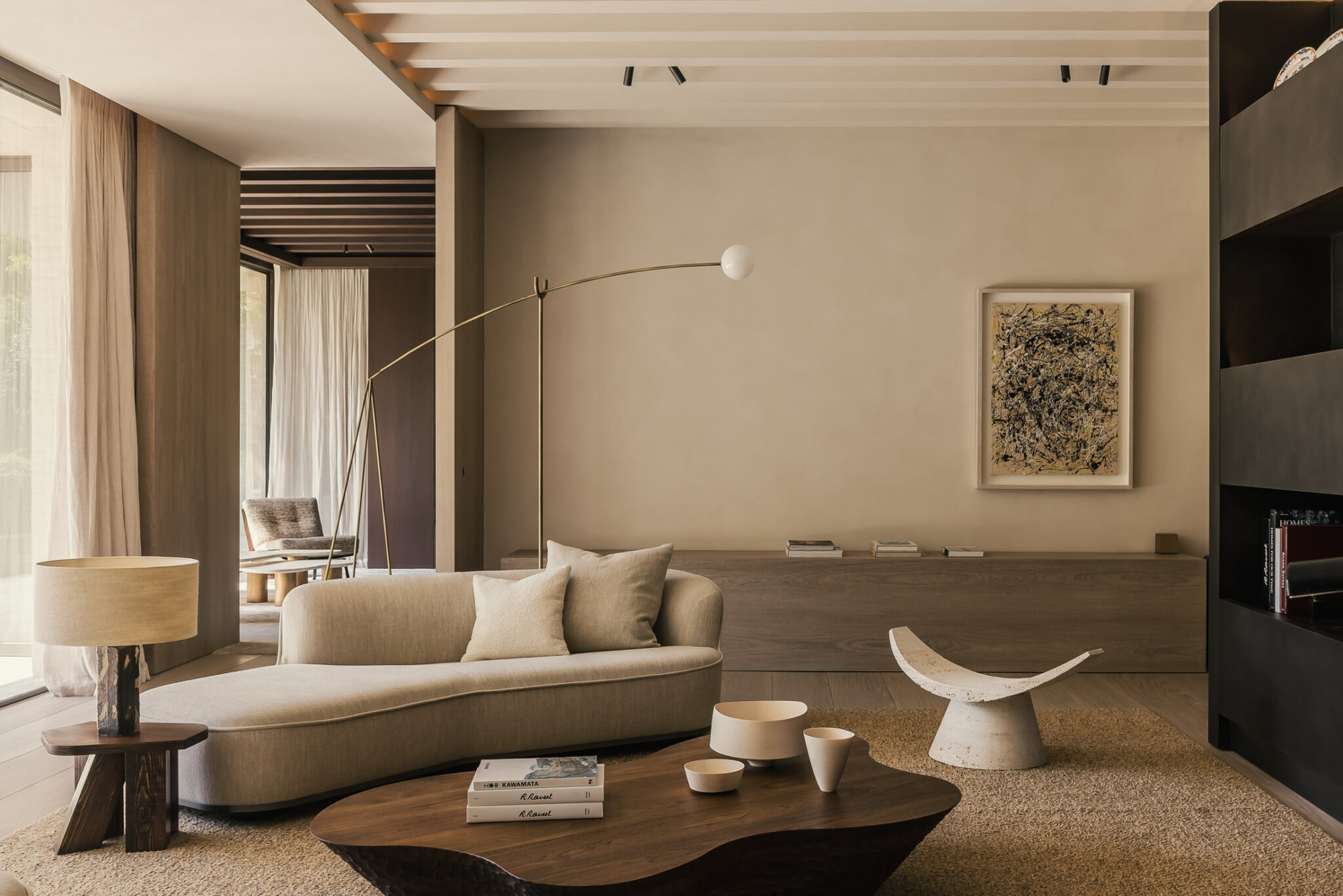 Sitting area with the Original Stool by Studio Goons in reclaimed wood holding a lamp, VC House by Simon de Burbure, Knokke, photograph by Cafeine.